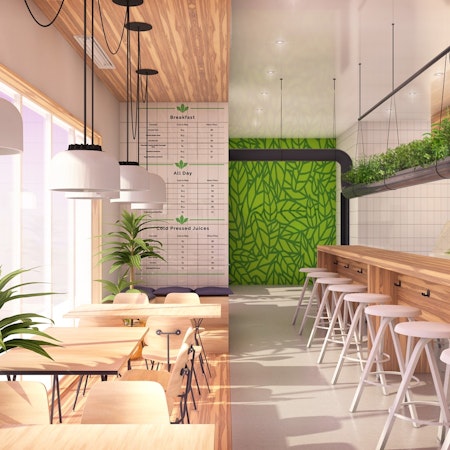 3D-Darstellung des Innenraums eines Cafés