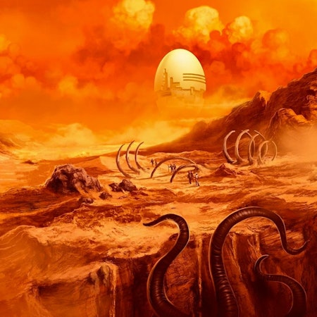 copertina di libro arancio con una illustrazione sci fi