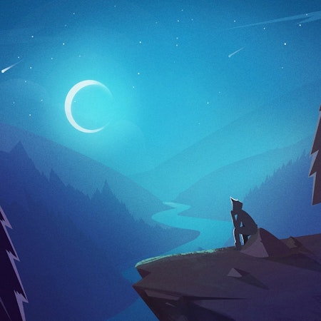 illustration of person on a mountain at night