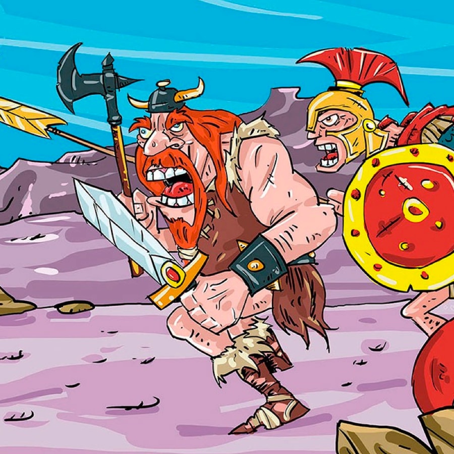 orange cartoon warriors running to battle