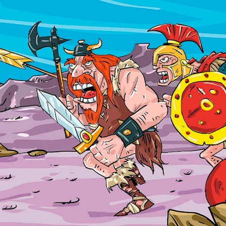 Orangefarbene Cartoon-Krieger, die in die Schlacht ziehen