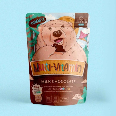 design de packaging avec un ours mangeant du chocolat