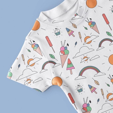white tshirt with colourful icecream illustrations