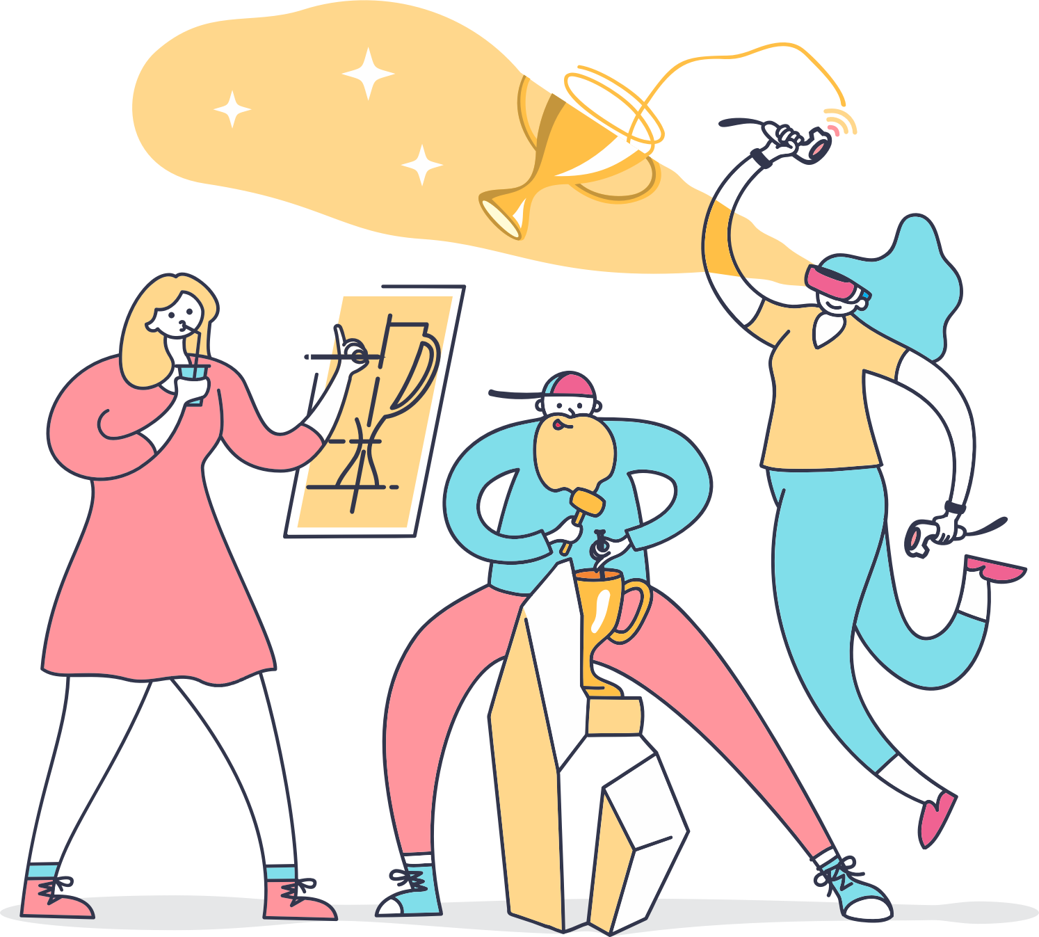 设计师绘画，雕刻和做VR设计的彩色插图“title=