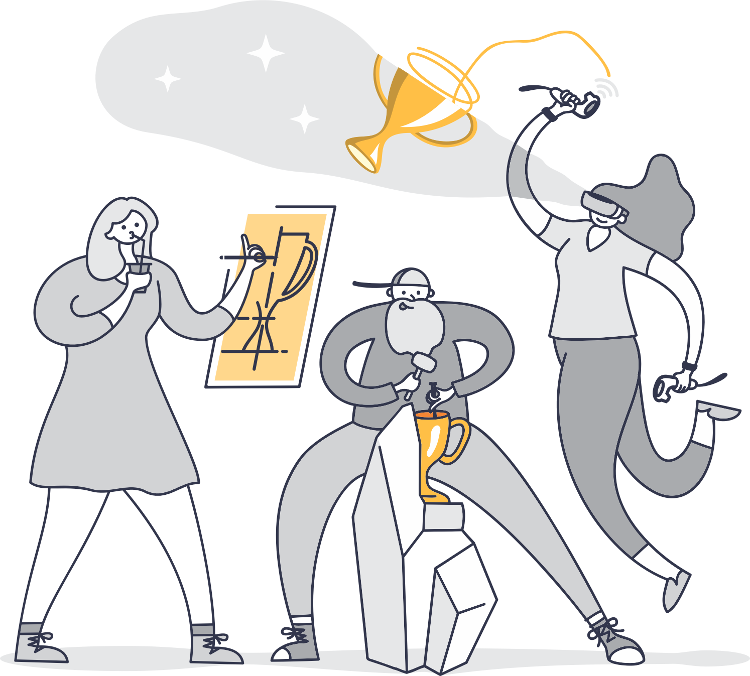 设计师绘画，雕刻和做VR设计的灰度插图“title=