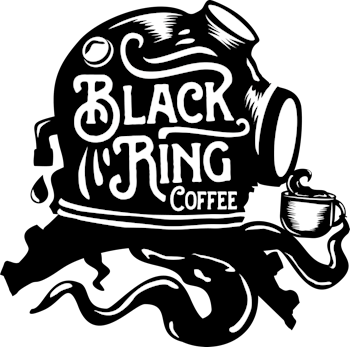 黒いスキューバダイビングヘルメットとコーヒーをモチーフとしたロゴデザイン