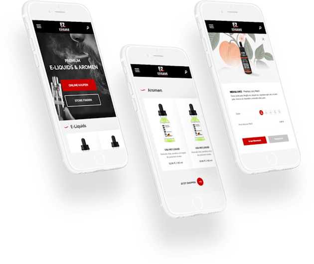 Drei Handys mit rotem und schwarzem Schnittstellen-Webdesign